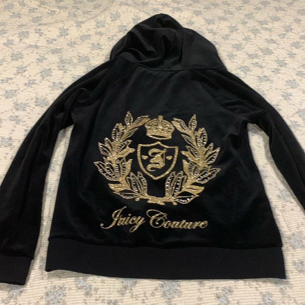 Juicy Couture Zip Front hoodie NWOT Size Large Gold sparkle Crystal Studs Black - Picture 1 of 9